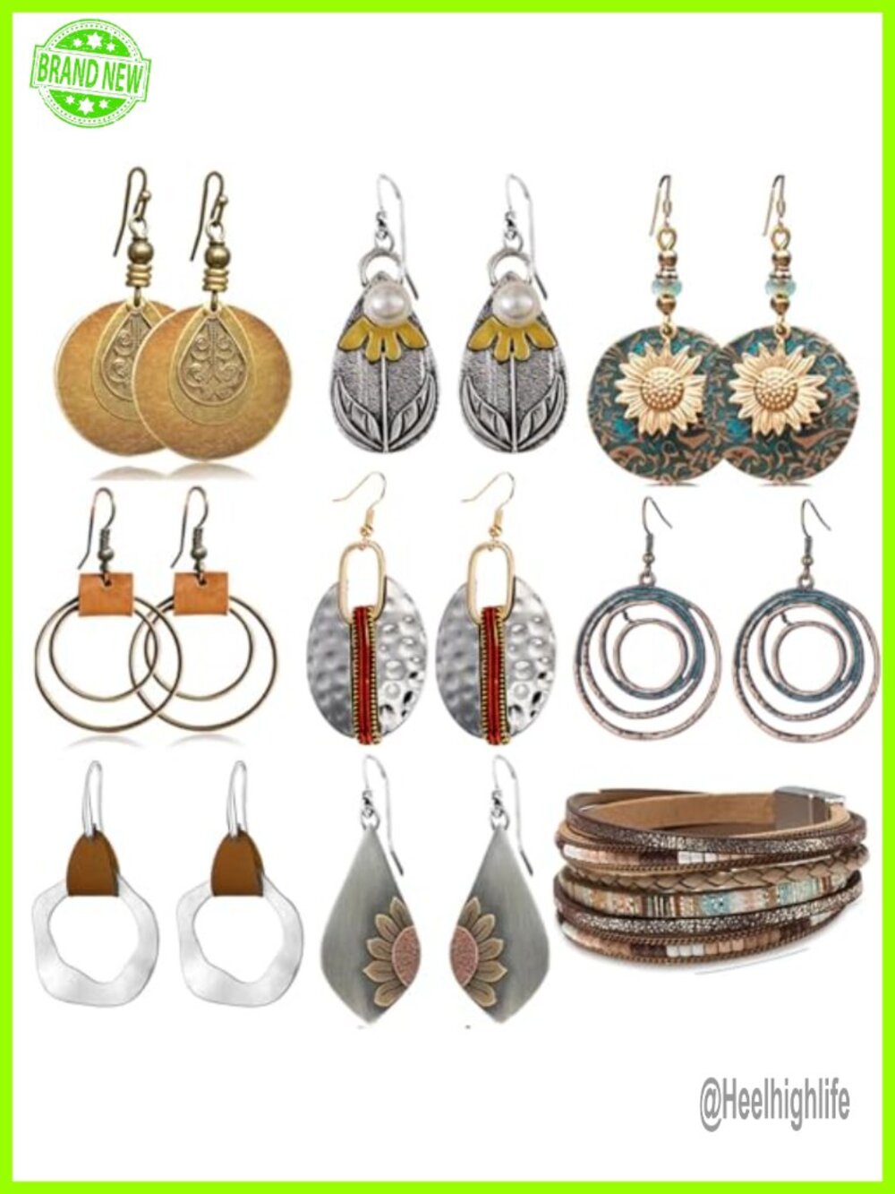 Boho Earrings Set Teardrop Sunflower Dangle with Leather Bracelets